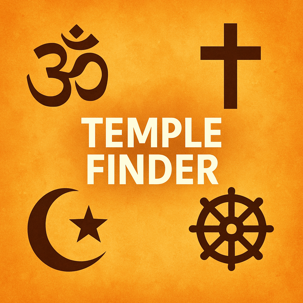 Screenshot of Temple Finder App showing panoramic temple view